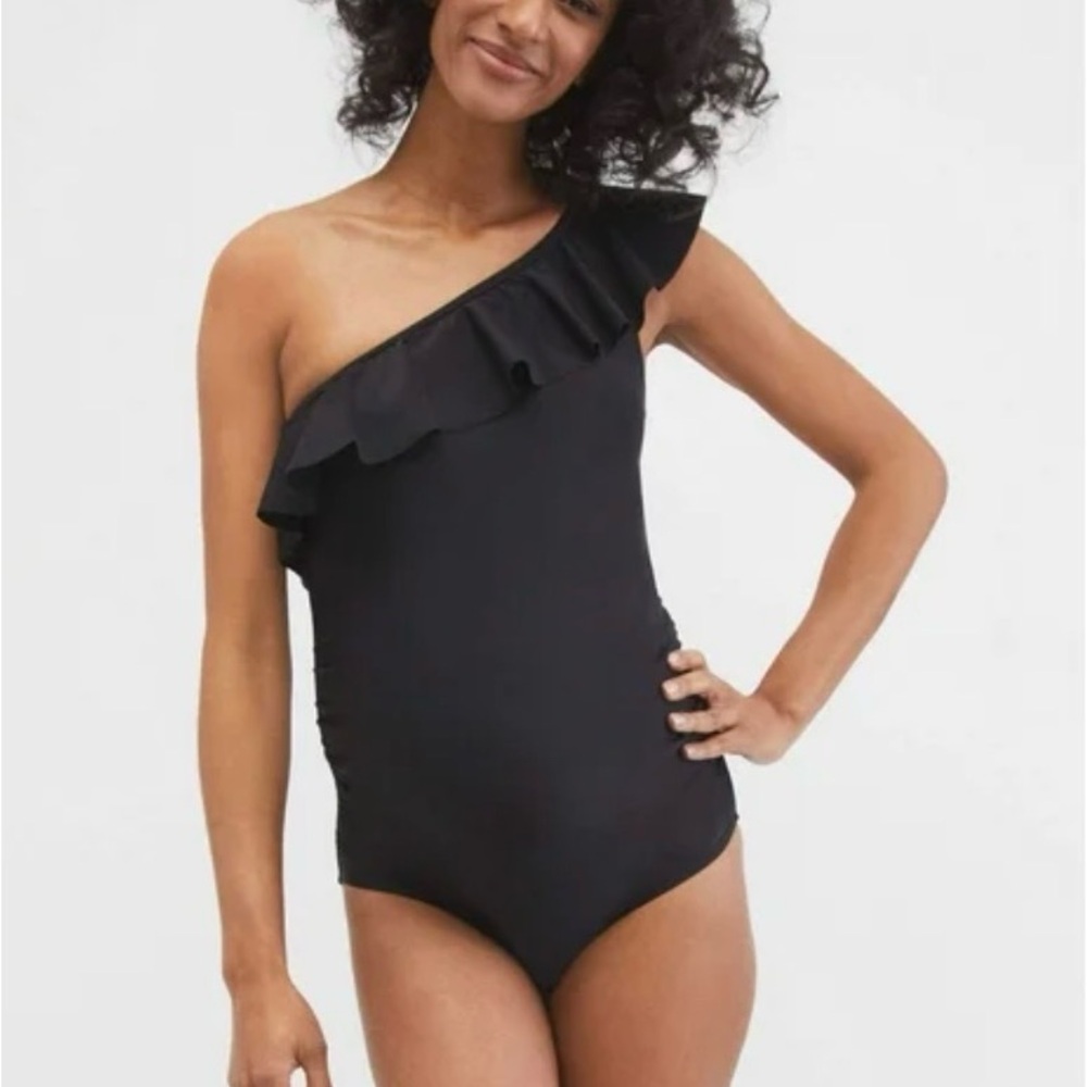 Motherhood Maternity Black Ruffle One Shoulder One Piece Swimsuit Medium